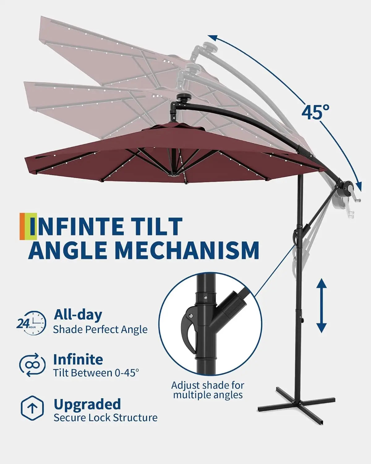 Cantilever Outdoor Umbrella With Solar LED Lights UV Protection