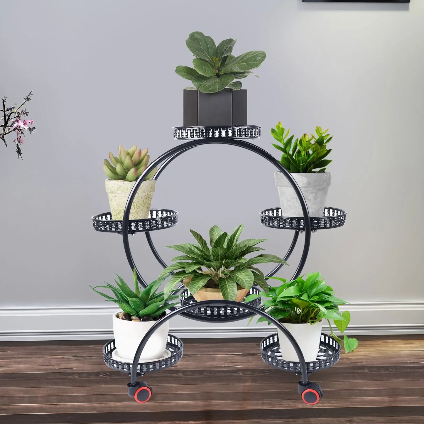 Metal Plant Stand With Wheels For 6 Pots Patio Outdoor
