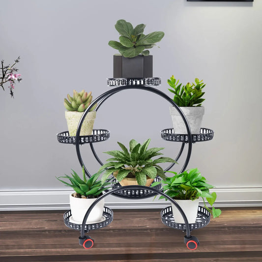 Metal Plant Stand With Wheels For 6 Pots Patio Outdoor