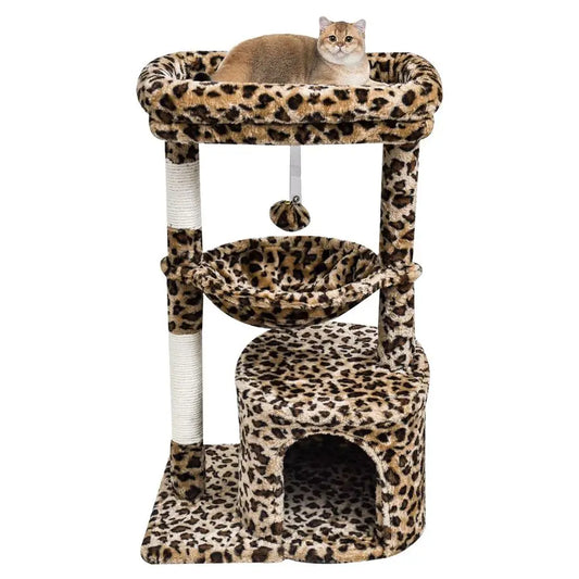 Leopard Print Cat Tree for Indoor Cats Scratching Post Tower