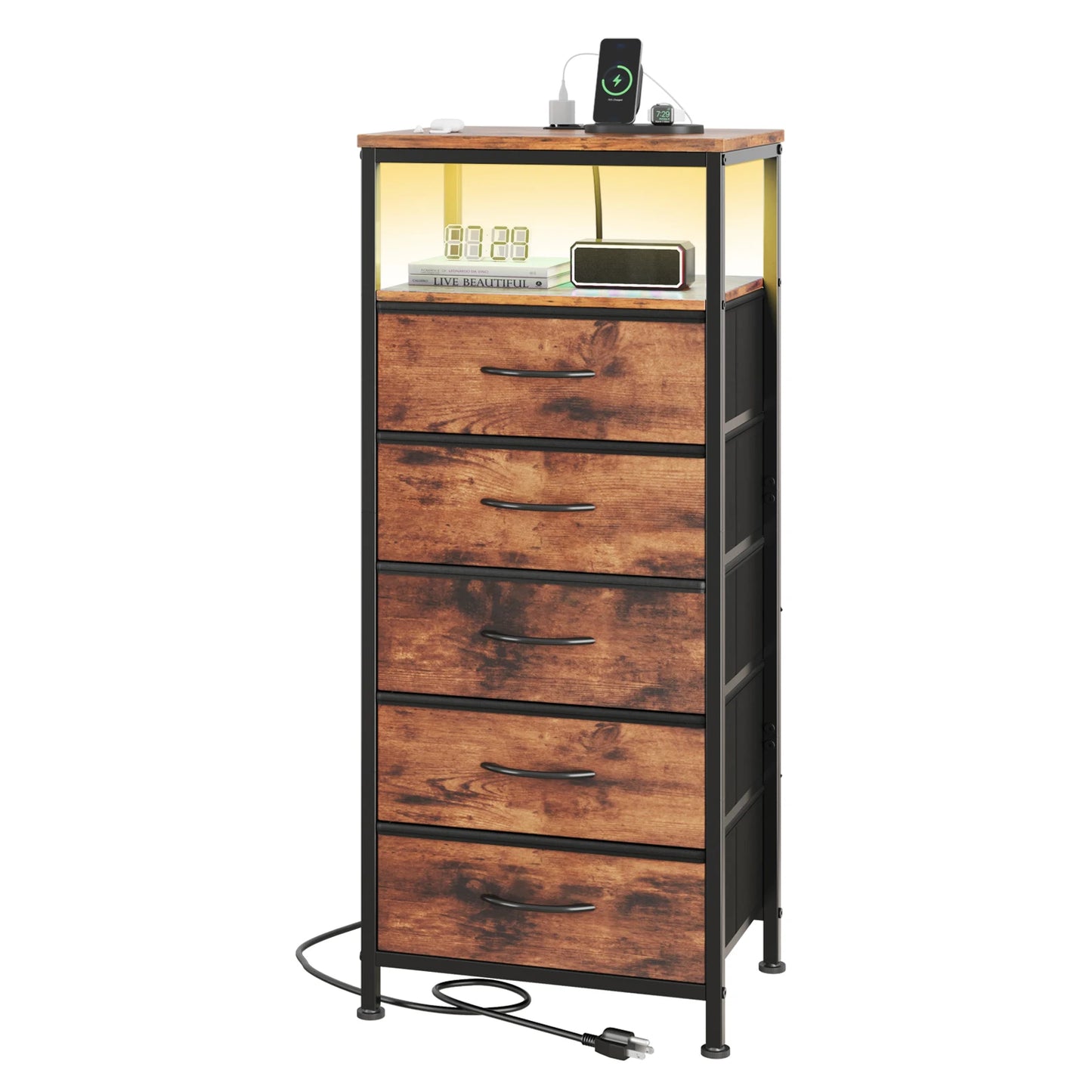 JHK 5 Drawer Nightstand With USB Type C Charging Station Bedside Table